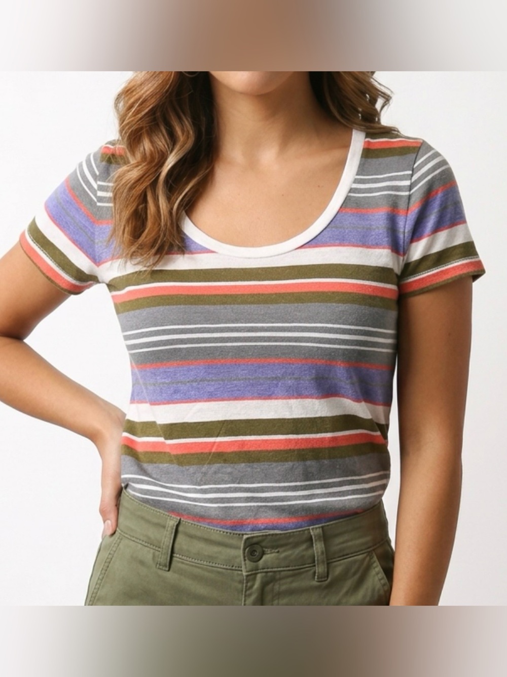 MOSSIMO SUPPLY CO. Striped Scoop Neck Women's Tee - Gray, Olive, Coral & white.